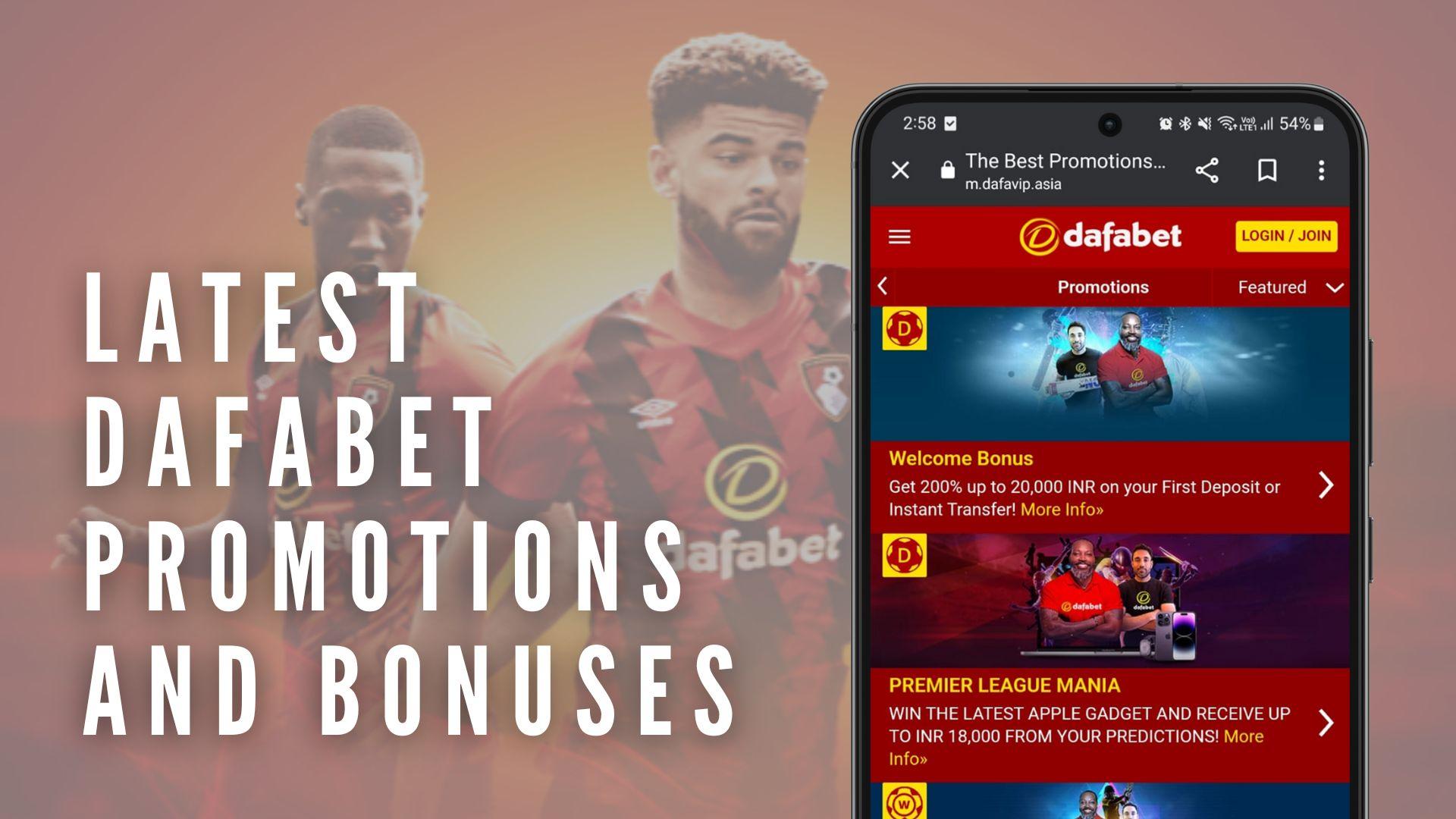 Image with screenshot of Dafabet promotions tab on mobile